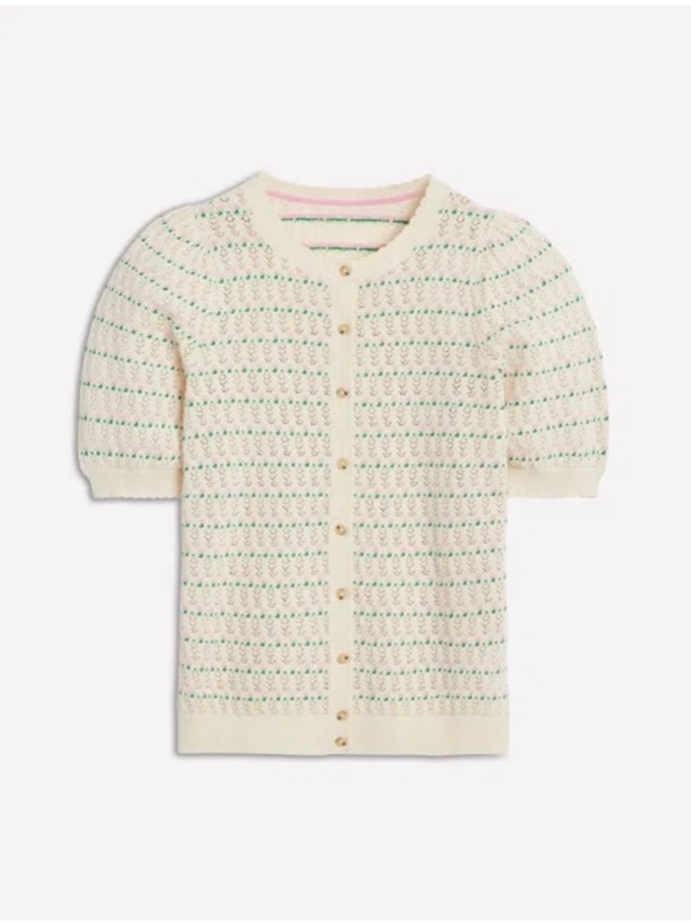 Boden Dot Pointelle Cardigan XL Cream Pink Green Cotton Puff Sleeve Sweater - Picture 5 of 15